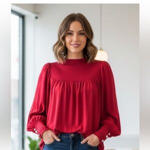 Cupio Blush Jester Red Puff Sleeve L Gathered Yoke Ribbed Mick Women’s top NWT